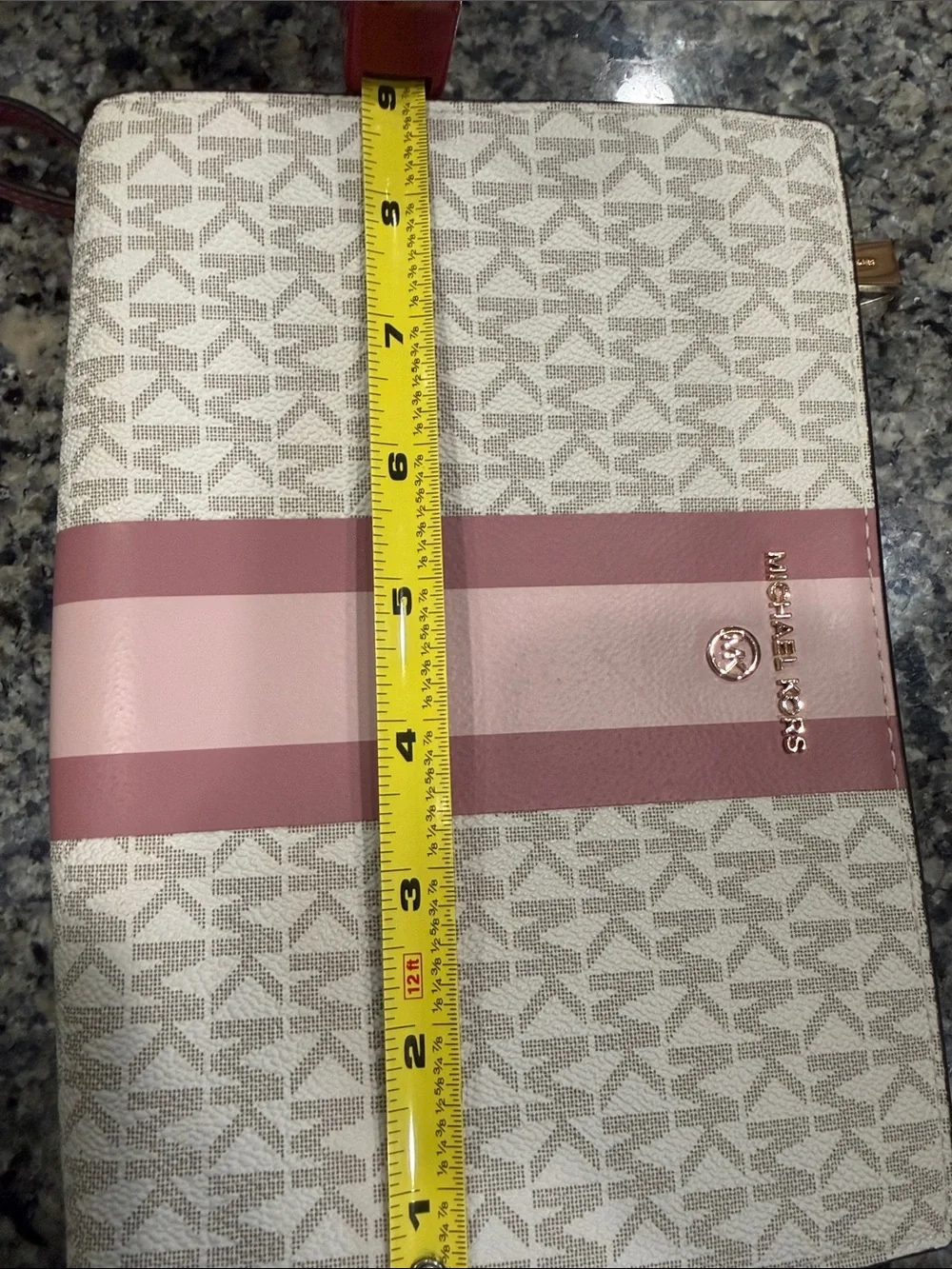 Michael Kors White Signature Logo Wristlet with Pink Stripe